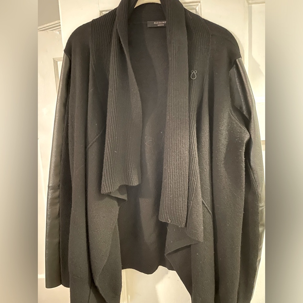 All Saints open cardigan with leather sleeves